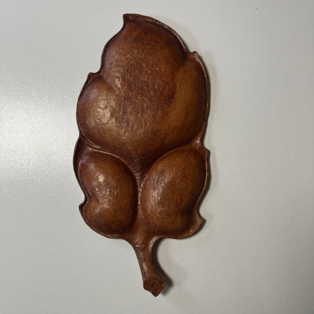 Vintage Multi Products Inc Faux Wood Leaf Tray Divided Dish Mid Century‎ Brown